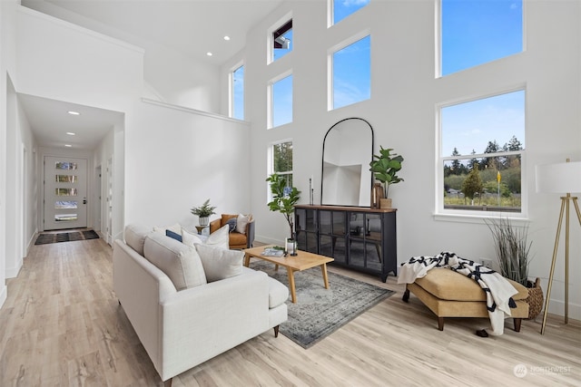 living room with a towering ceiling and light wood-type flooring