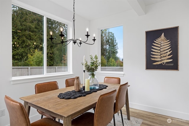 dining area featuring wood-type flooring, beamed ceiling, a chandelier, and a healthy amount of sunlight