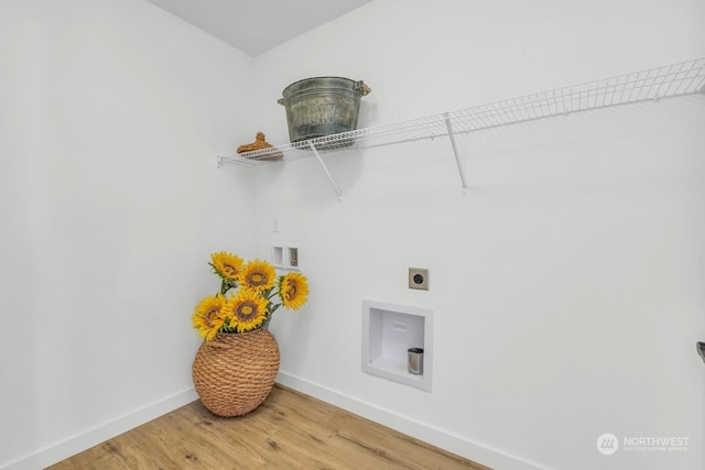 washroom with wood-type flooring, hookup for a washing machine, and electric dryer hookup