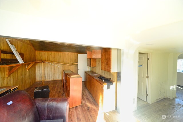 living room with wooden walls and dark hardwood / wood-style flooring