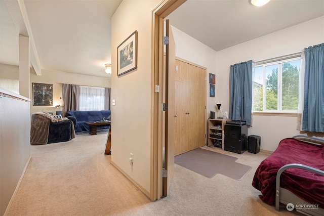 bedroom with light carpet