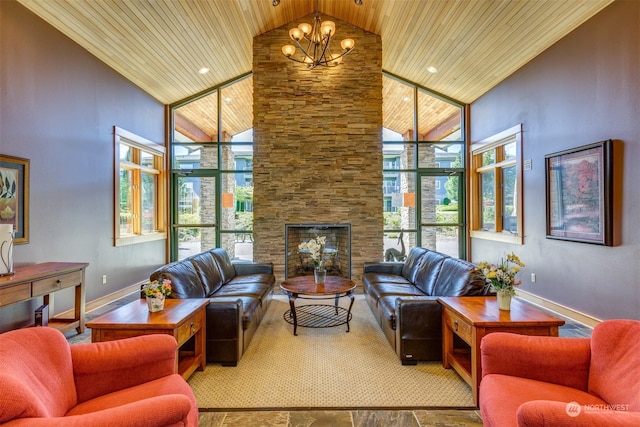 living room with high vaulted ceiling, a chandelier, wooden ceiling, and a fireplace