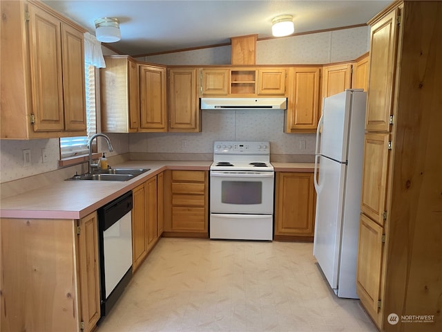 kitchen featuring ornamental molding, lofted ceiling, sink, and white appliances