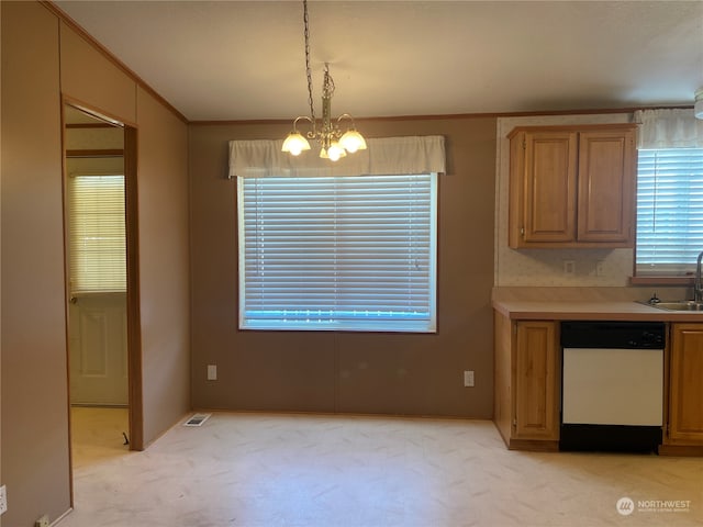 kitchen featuring sink, dishwasher, an inviting chandelier, ornamental molding, and decorative light fixtures