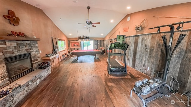 interior space with hardwood / wood-style floors, pool table, ceiling fan, and vaulted ceiling