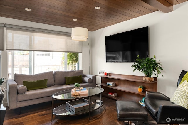 living room with recessed lighting, wood ceiling, and wood finished floors