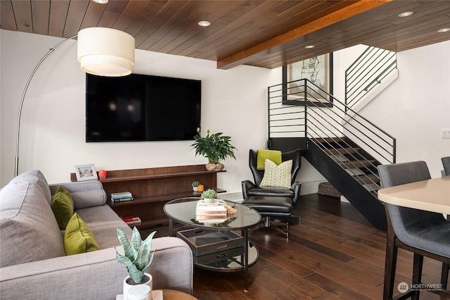 living area featuring recessed lighting, stairs, wood ceiling, wood-type flooring, and beamed ceiling