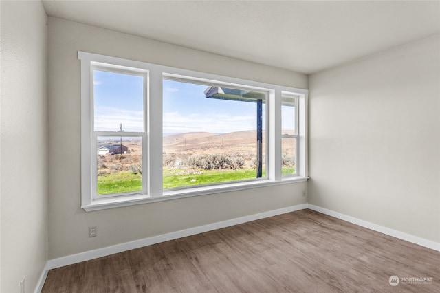 unfurnished room with a mountain view and wood-type flooring