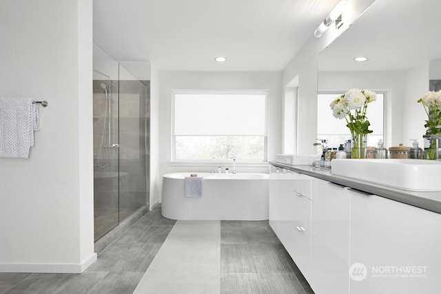 full bath featuring double vanity, baseboards, a freestanding bath, a shower stall, and a sink