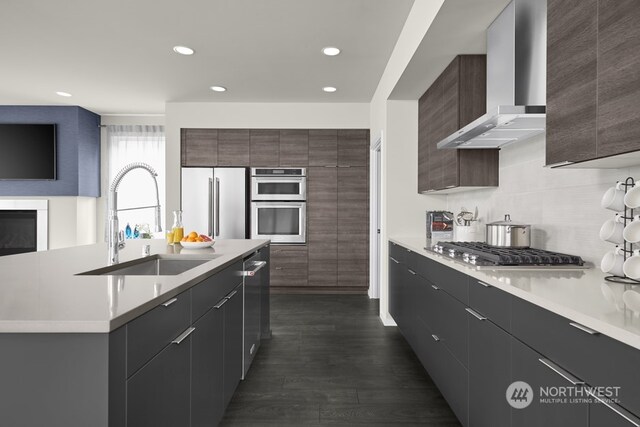 kitchen with stainless steel appliances, dark hardwood / wood-style flooring, sink, wall chimney exhaust hood, and a center island with sink