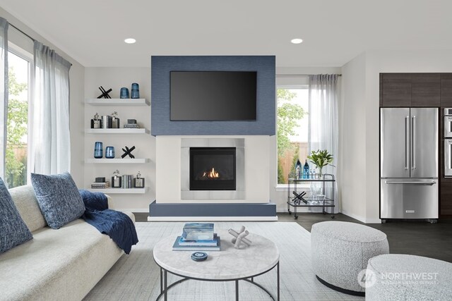 living room featuring built in features and dark hardwood / wood-style floors