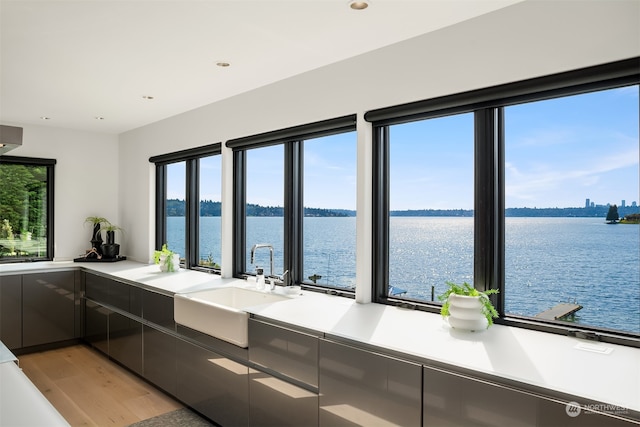 kitchen with light hardwood / wood-style floors, a water view, sink, and a wealth of natural light