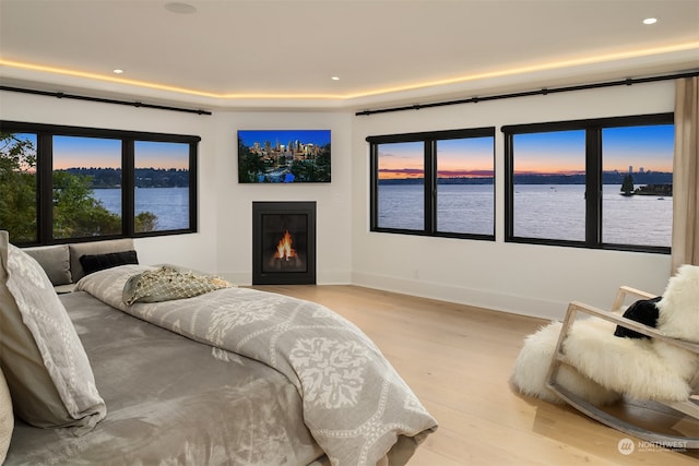 bedroom featuring light hardwood / wood-style flooring and a water view