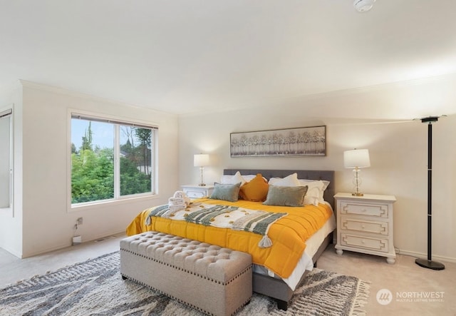 carpeted bedroom with crown molding