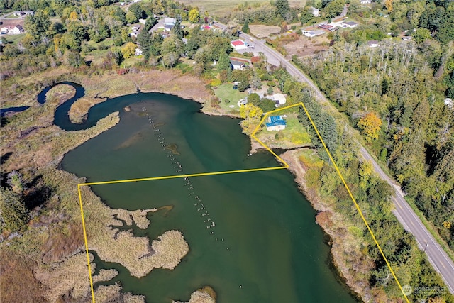 bird's eye view with a water view