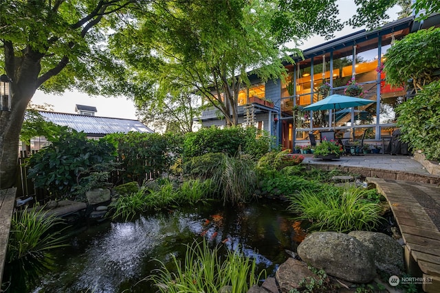 view of property's community featuring a garden pond and a patio