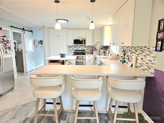 kitchen with stainless steel appliances, light countertops, decorative backsplash, a barn door, and a sink