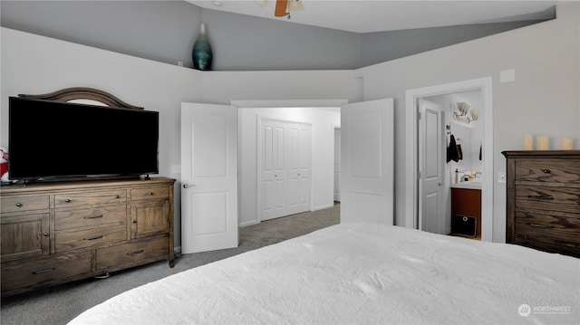 bedroom featuring ceiling fan, lofted ceiling, and carpet floors