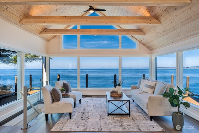 living room featuring a water view, wood ceiling, hardwood / wood-style flooring, and vaulted ceiling with beams