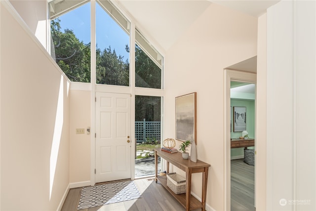 foyer entrance featuring hardwood / wood-style flooring and high vaulted ceiling