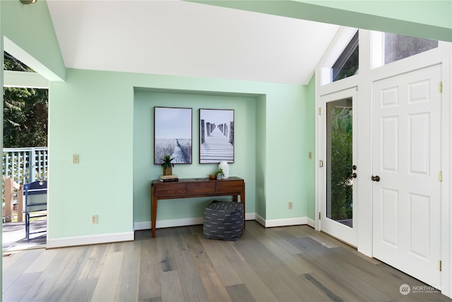 entrance foyer with vaulted ceiling and hardwood / wood-style flooring