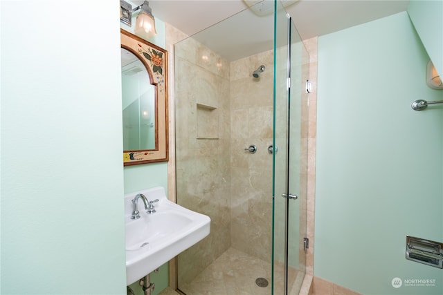 bathroom featuring sink and a shower with shower door