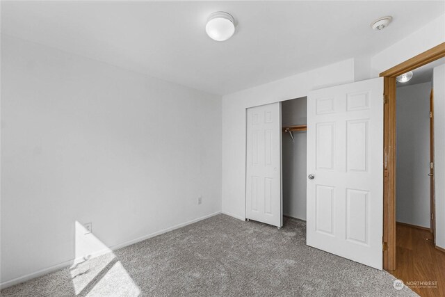 unfurnished bedroom with carpet floors, baseboards, and a closet