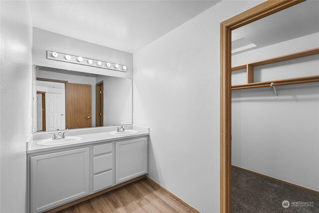 full bath with wood finished floors, a sink, a spacious closet, and double vanity