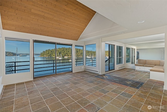 unfurnished sunroom with a water view, lofted ceiling, and wooden ceiling