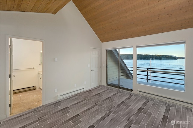 empty room featuring dark wood-type flooring, a baseboard radiator, wood ceiling, and a water view