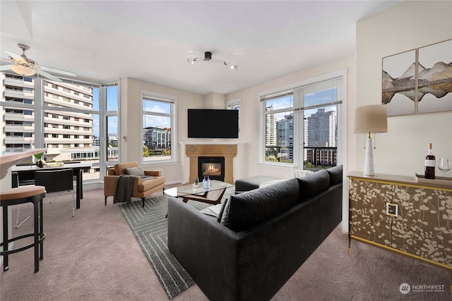 living room with plenty of natural light, ceiling fan, and carpet