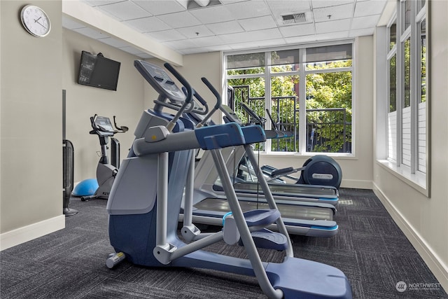 gym featuring dark colored carpet, plenty of natural light, and a drop ceiling