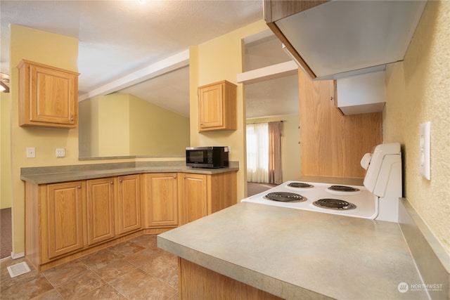 kitchen featuring light brown cabinetry, electric range, and vaulted ceiling with beams