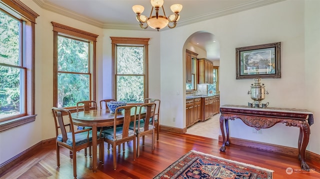 dining room with light wood-type flooring, an inviting chandelier, and a healthy amount of sunlight