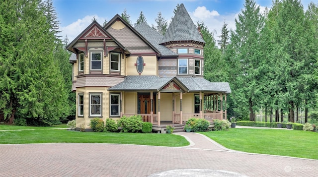 victorian-style house featuring a front lawn and covered porch