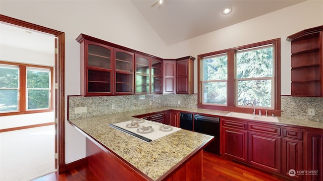 kitchen with white electric stovetop, dark hardwood / wood-style floors, sink, and vaulted ceiling