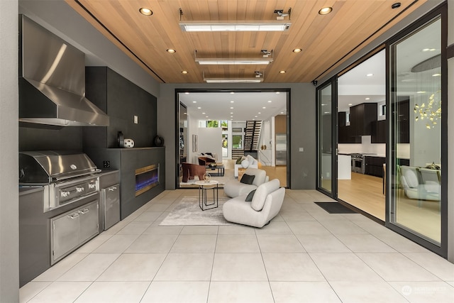 tiled living room with wooden ceiling