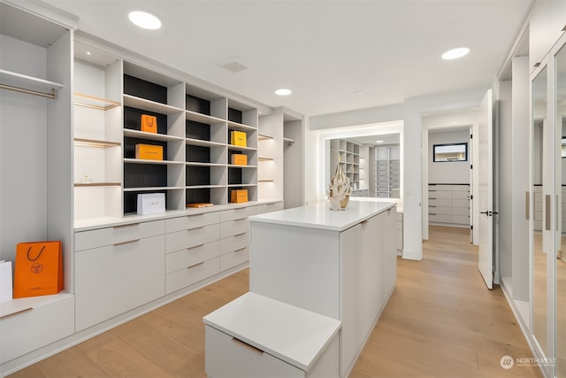 walk in closet with light hardwood / wood-style flooring