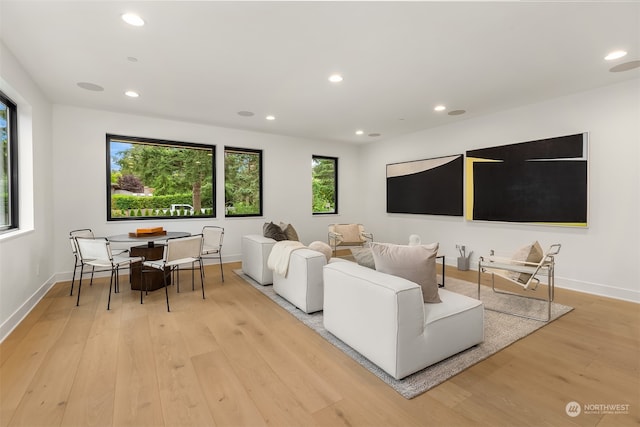 living room with plenty of natural light and light hardwood / wood-style flooring