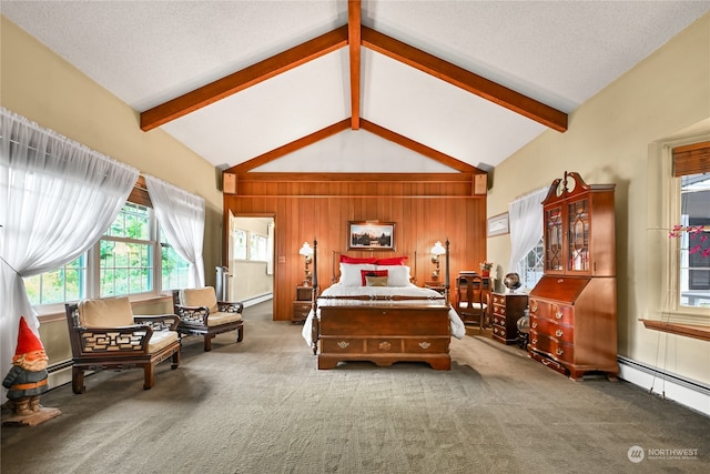 carpeted bedroom with a baseboard heating unit, high vaulted ceiling, wooden walls, and a textured ceiling