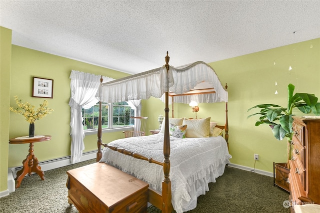 carpeted bedroom featuring a textured ceiling and baseboard heating