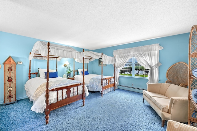 bedroom with a baseboard heating unit, carpet flooring, and a textured ceiling