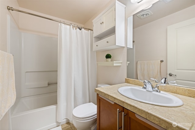 full bathroom featuring vanity, tile patterned flooring, toilet, and shower / bathtub combination with curtain