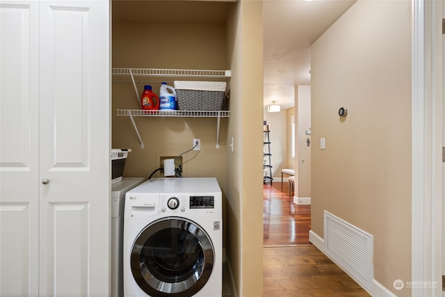 laundry area featuring wood-type flooring and washer / dryer