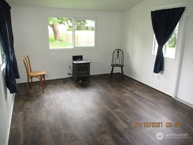 unfurnished room featuring a healthy amount of sunlight, a wood stove, and dark hardwood / wood-style floors