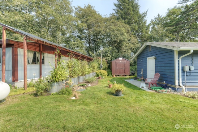 view of yard with a storage shed