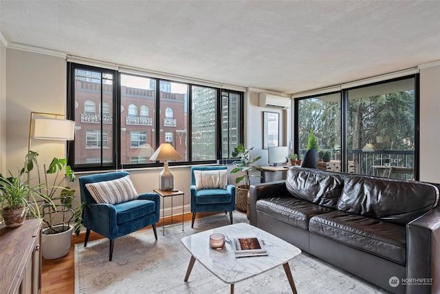 living room featuring crown molding, wood-type flooring, and a wall mounted AC