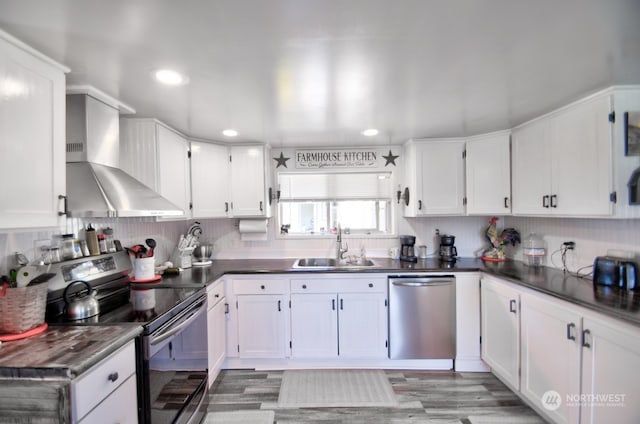 kitchen with white cabinets, stainless steel appliances, sink, wall chimney exhaust hood, and tasteful backsplash