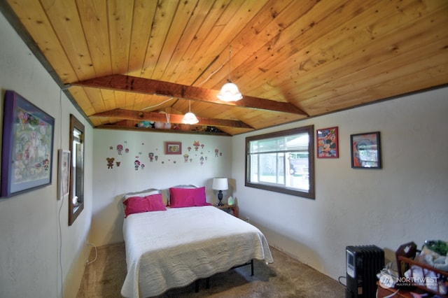 bedroom with carpet floors, wooden ceiling, and lofted ceiling with beams