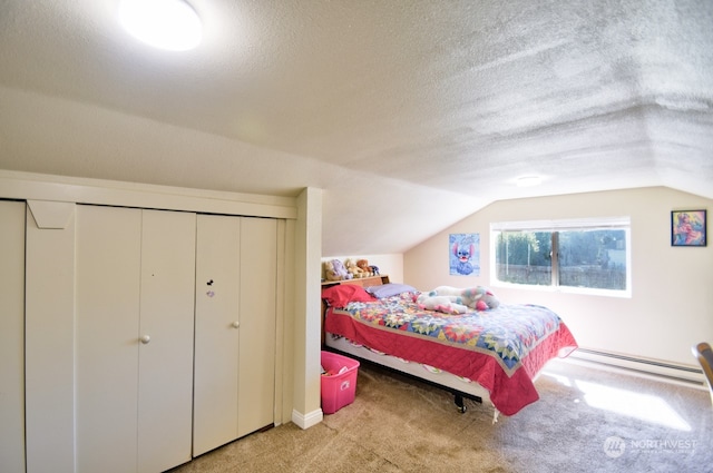 bedroom with vaulted ceiling, a textured ceiling, baseboard heating, and carpet floors